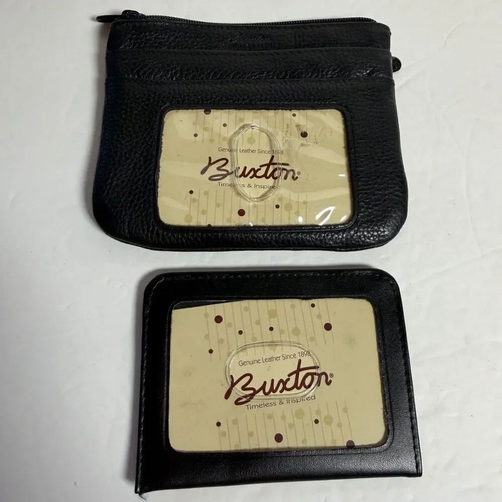 Buxton Black Genuine Leather Wallet Coin Purse ID Holder Zip Pouch Set
